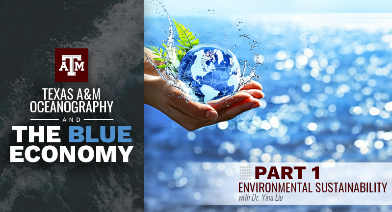 Promotional image for Texas A&amp;M Oceanography and The Blue Economy, Part 1: Environmental Sustainability with Dr. Vina Liu. Features a person holding a transparent globe with water and continents, symbolizing environmental care, over a backdrop of sparkling ocean water.