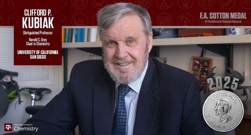 Clifford P. Kubiak, Distinguished Professor and holder of the Harold C. Urey Chair in Chemistry at University of California San Diego, smiling in an office with a display of the F.A. Cotton Medal for Excellence in Chemical Research in the corner.