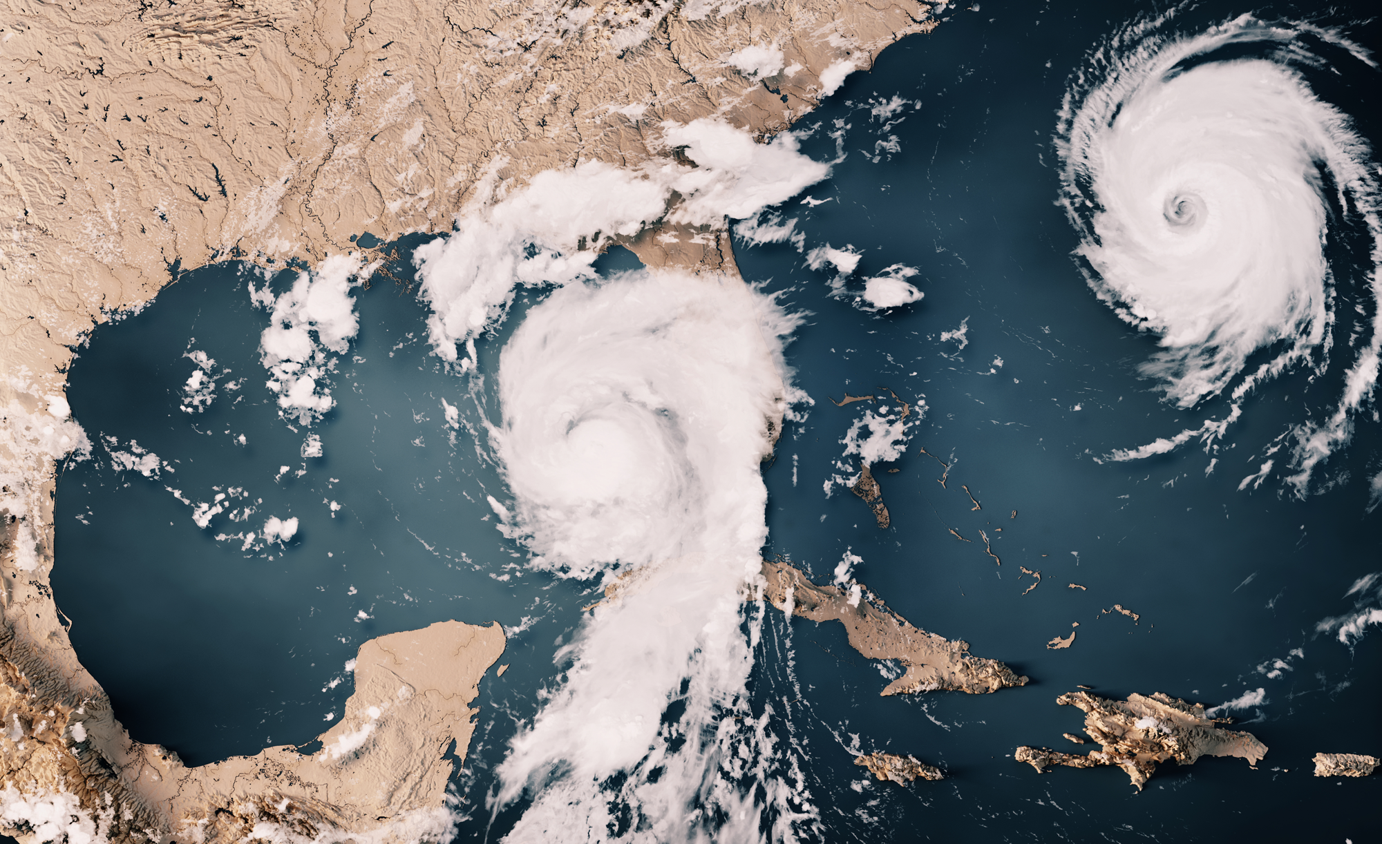 3D Render of a Topographic Map of the Gulf of Mexico with the clouds from August 29, 2023. Category 4 Hurricane Idalia approaching Florida. At the same time Category 4 Hurricane Franklin moving towards northeast over the Atlantic Ocean.