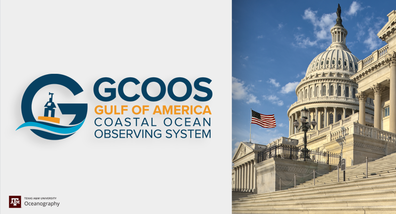 Logo of the Gulf of America Coastal Ocean Observing System (GCOOS) beside an image of the United States Capitol building with an American flag flying on the right.