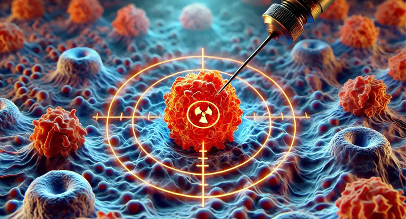 Artistic concept depicting a syringe targeting a cancer cell that is marked with a glowing crosshair and nuclear symbol amid a blue and red cellular landscape.