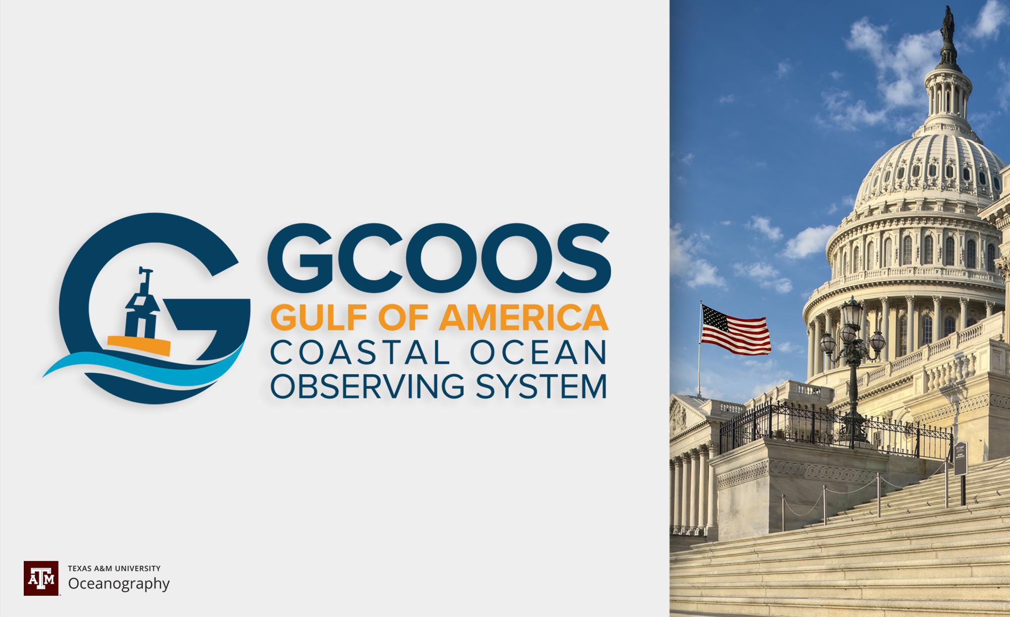 Logo of the Gulf of America Coastal Ocean Observing System (GCOOS) beside an image of the United States Capitol building with an American flag flying on the right.